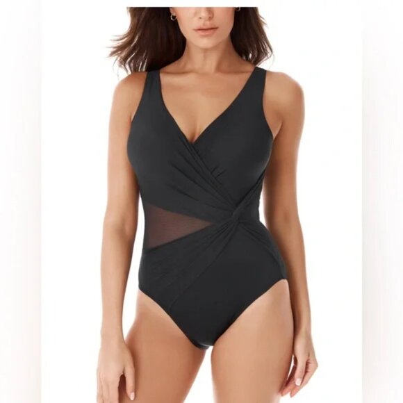 Miraclesuit Circe NWT Black One Piece Swimsuit with Mesh Panel Womens Size 8